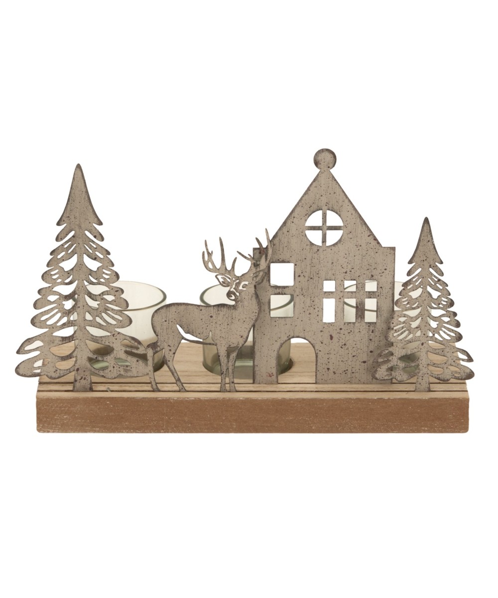 Rustic Metal Scene Tealight On Wood Stand With Glass Votives