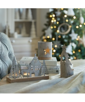 Rustic Metal Scene Tealight On Wood Stand With Glass Votives